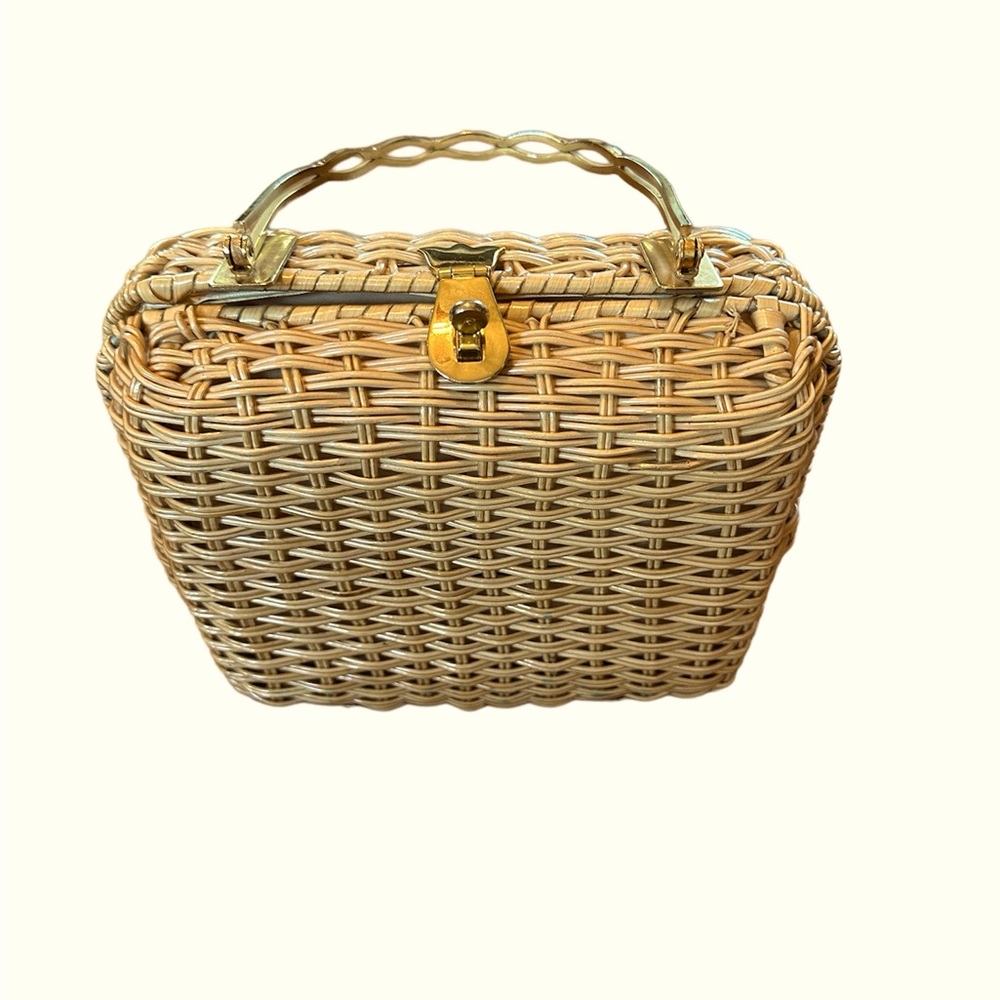 Woven Mini Handbag in Natural Rattan with Gold Hardware